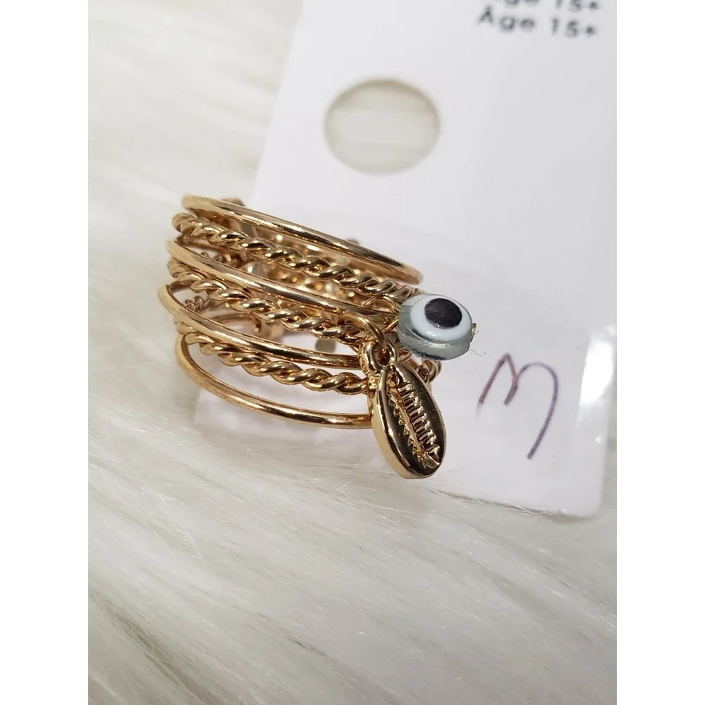 NEW SIZE 6 STACKED set of 6 EVIL EYE gold tone‎ rings nautical beach tropical